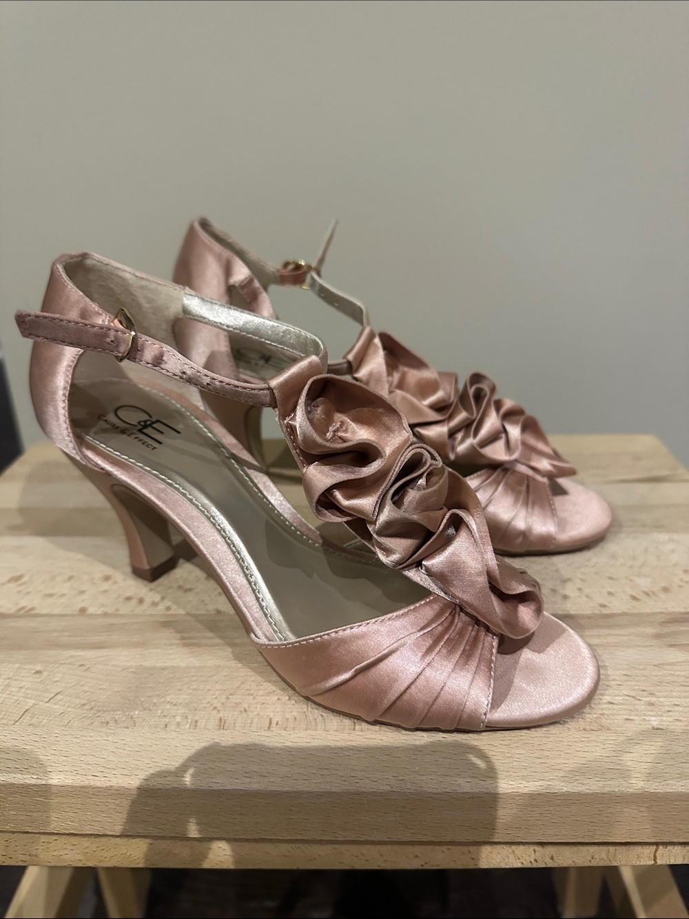 Women’s Satin Ruffle T-Strap Heels in Blush Pink